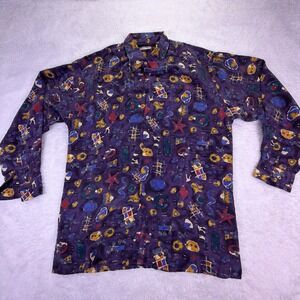 Vintage Burma Bibas 100% Silk Long Sleeve Shirt‎ Men's Medium Purple Abstract
